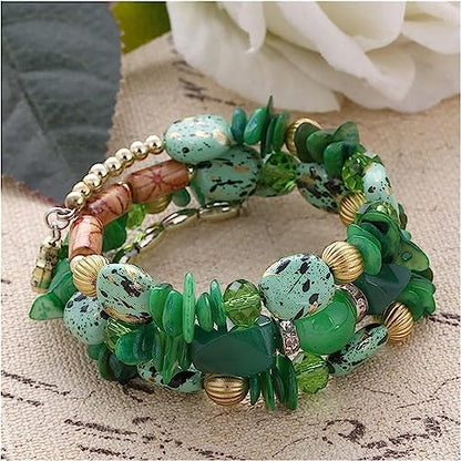 Women Beaded Bracelet Set | Colorful Boho Stackable Trendy Design with Crystal Accents Multilayer Bangle Bracelet | Fashion Stretch Braclets Jewelry for Women - color: Green.