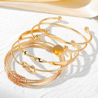 CHICUTIE Gold Bangles Bracelets For Women, 14k Gold Plated Stackable Open Cuff Bracelet Set Charms Trendy Lightweight Elegance Minimalist Textured Boho Jewelry Gift for Women - style: Gold 3