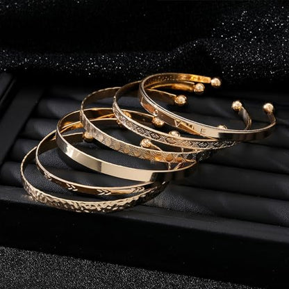 IFKM Gold Bangle Bracelets For Women, 14k Gold Plated Multi Layer Stackable Cuff Bracelet Set, Trendy Elegance Charms Non Tarnish Minimalist Textured Boho Jewelry Gift for Women - style: 6pcs Love