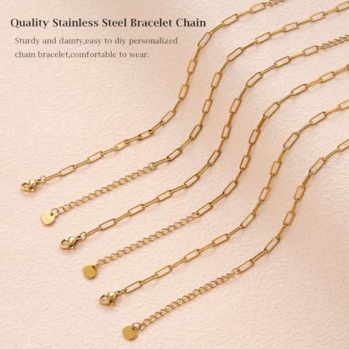 KYUNHOO 10 PCS 6.3 Inches Stainless Steel Paperclip Bracelet Chains Bulk | Gold Plated 3MM Wide Paperclip Chain Bracelet for Jewelry Making with Extender Chain - color: 3x9 paperclip gold
