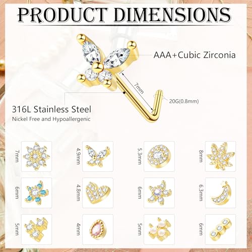35-70 PCS 18G 20G Nose Rings for Women & Men - Gold Hoops, L Shape, Studs & Screw - 316L Surgical Stainless Steel - color: Gold-Clear CZ-20G-12pcs