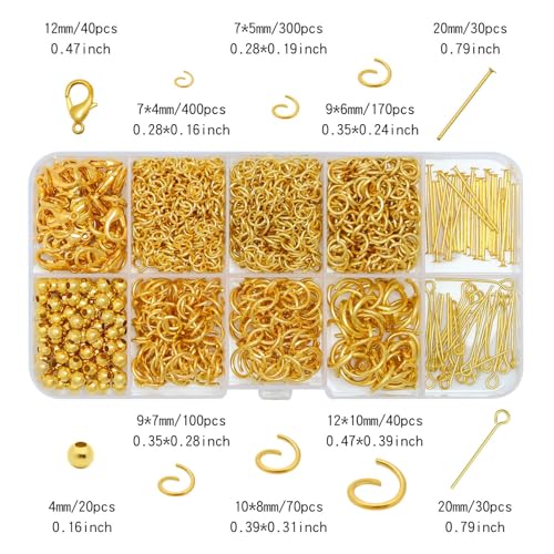 Jump Rings for Jewelry Making Kit, Open Jump Rings Jewelry Repair Kit for Necklace Bracelet, Lobster Clasps and Closures Repair Supplies Kit, (Gold) - color: Gold