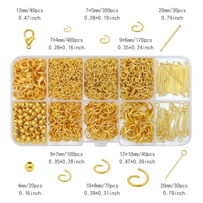 Jump Rings for Jewelry Making Kit, Open Jump Rings Jewelry Repair Kit for Necklace Bracelet, Lobster Clasps and Closures Repair Supplies Kit, (Gold) - color: Gold