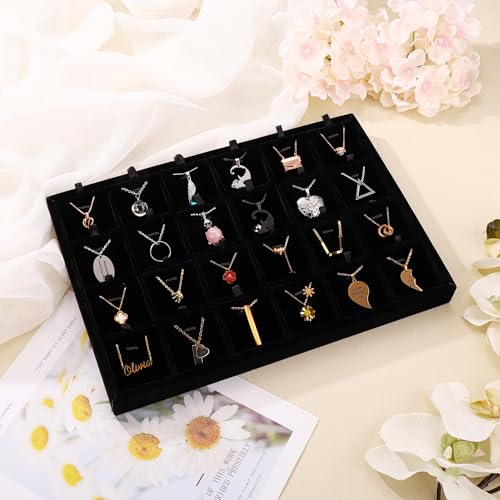 24 Grid Jewelry Tray Velvet Jewelry Display Tray with Removable Dividers | Jewelry Organizer Stackable Trays for Earrings Necklaces Bracelet Rings Display Showcase - Black - color: Black