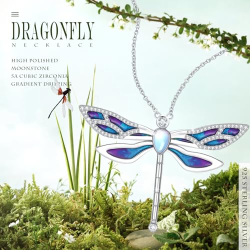 Dragonfly Necklace 925 Sterling Silver Moonstone Necklace Rainbow Stone Dragonfly Jewelry Christmas Birthday Gifts for Women Mom Her - style: Light Purple