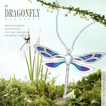 Dragonfly Necklace 925 Sterling Silver Moonstone Necklace Rainbow Stone Dragonfly Jewelry Christmas Birthday Gifts for Women Mom Her - style: Light Purple