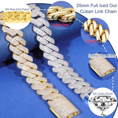 Ucciyo 30MM/25MM Cuban Link Chain for Men, Luxury Iced Out Diamond Chain | Luxurious Diamond-Simulated, Large Miami Cuban Style, 18K Gold Plated - color: 25MM-Gold, size: 28 Inch
