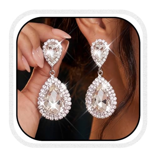 Unicra Silver Rhinestone Teardrop Earrings Crystal Wedding Bridal Dangle Earrings Prom Drop Earrings for Women and Brides - color: Silver