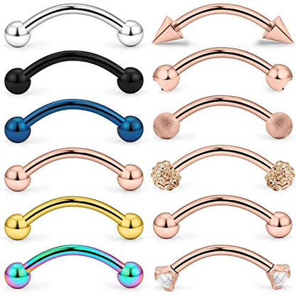 SCERRING 12PCS 16G 10mm Stainless Steel Eyebrow Tragus Helix Rook Daith Earrings Belly Lip Ring Clear Cubic Zirconia Barbell Body Piercing Jewelry - color: 12PCS - Rose Gold