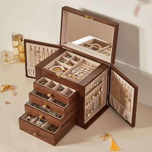 Black Walnut Wooden Jewelry Box, Wood Jewelry Organizer with 2 Side Doors Mirror Lockable Classical Style for Watch Necklace Ring Earring Storage Gift-5 Layer - style: 5 Layer (Top Lock)
