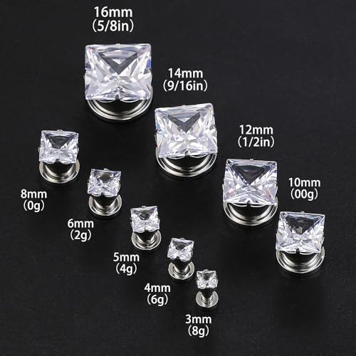 ARTFAN Ear Expander Gauges Tunnels - 2PCS Stainless Steel Screw Square CZ Stone Plugs Tunnels for Stretched Ears, Ear Gauges Stretcher for Women Men, Hypoallergenic Body Piercing Jewelry - size: 4g (5mm)
