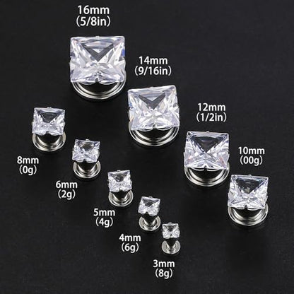 ARTFAN Ear Expander Gauges Tunnels - 2PCS Stainless Steel Screw Square CZ Stone Plugs Tunnels for Stretched Ears, Ear Gauges Stretcher for Women Men, Hypoallergenic Body Piercing Jewelry - size: 8g (3mm)