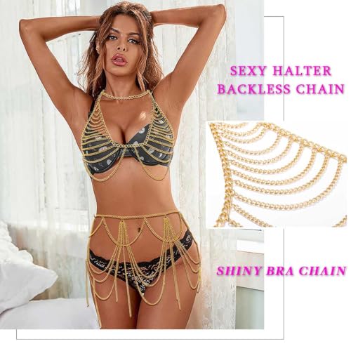 Chain Bra Rave Outfits for Women Gold Chain Skirt Layered Body Chain Set Bra Jewelry Beach Belly Chains (Bra + Skirt)