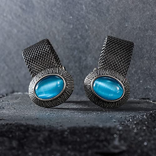 HAWSON Mens Cufflinks with Chain - Stone and Shiny Gold Tone Shirt Accessories - Party Gifts for Young Men - color: Antique Silver Color+Turquoise Cats Eye