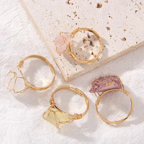 4 PCS Chakra Crystal Rings, Adjustable Wire Wound Healing Crystal Rings, Irregular Color Gemstone Statement Rings for Women