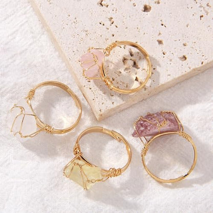 4 PCS Chakra Crystal Rings, Adjustable Wire Wound Healing Crystal Rings, Irregular Color Gemstone Statement Rings for Women