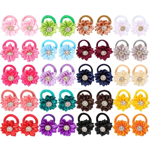 40pcs Baby Girls Flower Mini Hair Ties Rhinestone Satin Hair Elastic | Multicolor Candy Baby Scrunchies Soft Ponytail Holders Rubber Bands Hair Accessories,Great for Daily & Party Hairstyle