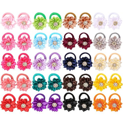 40pcs Baby Girls Flower Mini Hair Ties Rhinestone Satin Hair Elastic | Multicolor Candy Baby Scrunchies Soft Ponytail Holders Rubber Bands Hair Accessories,Great for Daily & Party Hairstyle