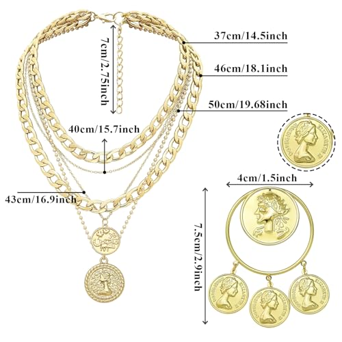 2 Pcs Layered Golden Pirate Necklace Earrings for Women Chunky Chain Layered Necklace Boho Gypsy Hoop Earrings Punk Grunge 80s 90s Coin Pendant Jewelry Halloween Pirate Costume Accessories - color: Big Golden Coin