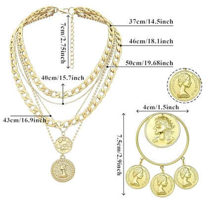 2 Pcs Layered Golden Pirate Necklace Earrings for Women Chunky Chain Layered Necklace Boho Gypsy Hoop Earrings Punk Grunge 80s 90s Coin Pendant Jewelry Halloween Pirate Costume Accessories - color: Big Golden Coin