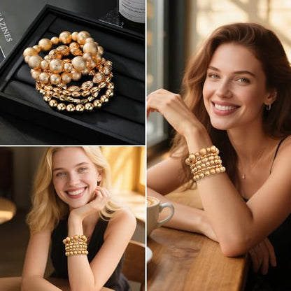 KISS WIFE Gold Beaded Bracelets for Women, Stackable Stretch Bracelet Set | 13 stretch bracelets combine polished gold-tone beads and faux pearls for stacked or individual everyday styling. - color: Gold Matte