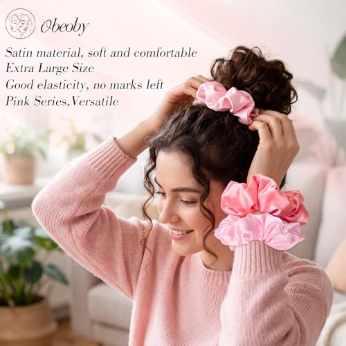 3 Pack Large Satin Hair Scrunchies, 6 Inch Pillow Sleepy Hair Ties | Blush Pink Hair Ties, Soft Padded Satin, Gentle On Thick Or Curly Hair, Sleep-Friendly, Reduced Frizz And Creasing - color: Pink Series