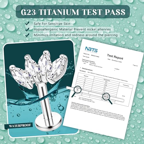 LOLIAS 16G G23 Titanium Tragus Conch Helix Piercing Jewelry 6mm 8mm 10mm - Internally Threaded Flat Back Stud Cartilage Earrings Hypoallergenic Forward Earlobe Labret Tragus Piercing Jewelry - color: 4 Leaf-Titanium