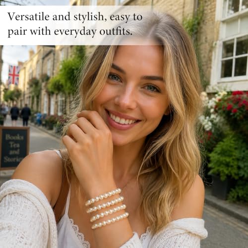 30 PCS Pearl Bracelets for Women, Stretch Bridesmaid Faux Pearl Beaded Bracelets Set, Bulk Wedding Bridal Party Favor Jewelry Gifts(White) - color: 30 Beige