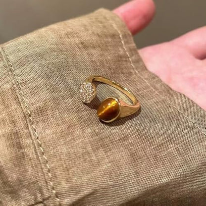 Tiger's Eye & Crystal Stackable Open Ring Adjustable Gold Tone Boho Statement Rings for Women - color: Gold 02