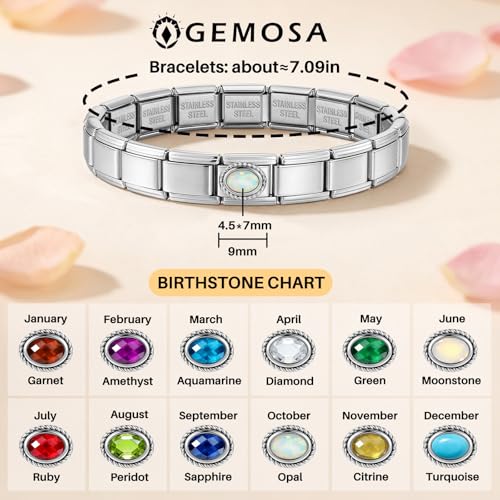 GEMOSA Birthstone Italian Charm Bracelet - 18 Links 9mm x 10mm Stainless Steel Base Bracelet with Birthstone Charm & Link Opener Tool, Polished Silver Finish Jewelry Gift Box Set for Women - color: 10-Oct-Opal