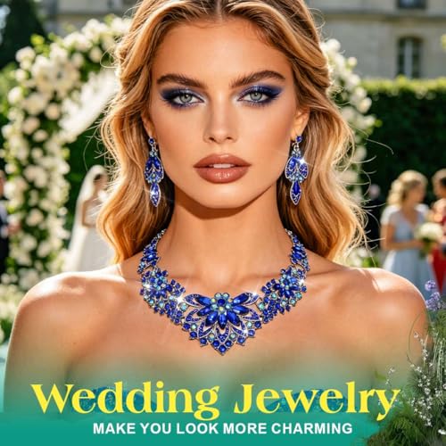 Yonamix Gold Jewelry Set Wedding Rhinestone Necklace Sets for Women | Formal Prom Dinner Party Gala Night Crystal Flower Necklaces Earrings - color: E Blue