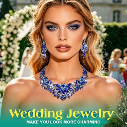 Yonamix Gold Jewelry Set Wedding Rhinestone Necklace Sets for Women | Formal Prom Dinner Party Gala Night Crystal Flower Necklaces Earrings - color: E Blue
