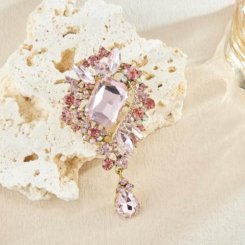 YOQUCOL Retro Austrian Crystal Big Brooch Pin for Women Large Flower Shape Brooches Lapel Pins for Sweater,Coat Dress Accessories - color: B-Pink