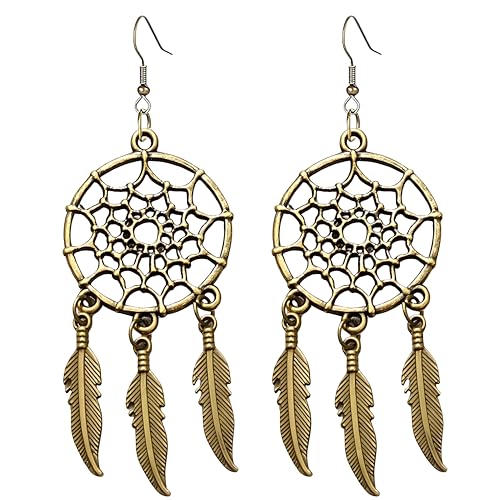 Blue Turquoise Dream Catcher Feather Earrings for Women Vintage Bohemian Western Jewelry - style: Gold Dream Catcher