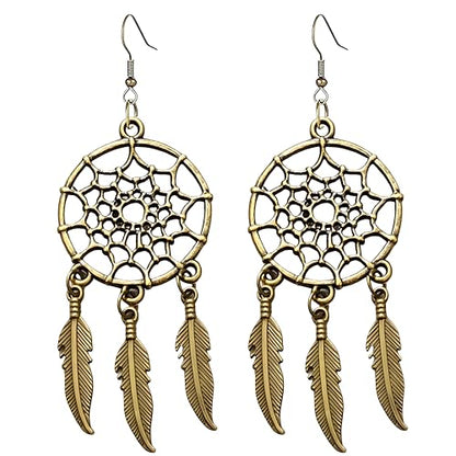 Blue Turquoise Dream Catcher Feather Earrings for Women Vintage Bohemian Western Jewelry - style: Gold Dream Catcher