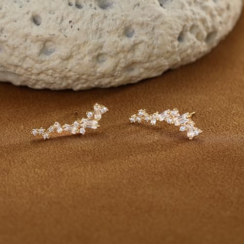 Robaice Cartilage Climber Earrings for Women，14K Gold Plated Helix Stud | Trendy Cluster Earrings, CZ Stud Earring, Tragus Conch Daith Piercing, Ear Crawer,Hypoallergenic Jewelry Gift for Women - color: B-Cluster CZ