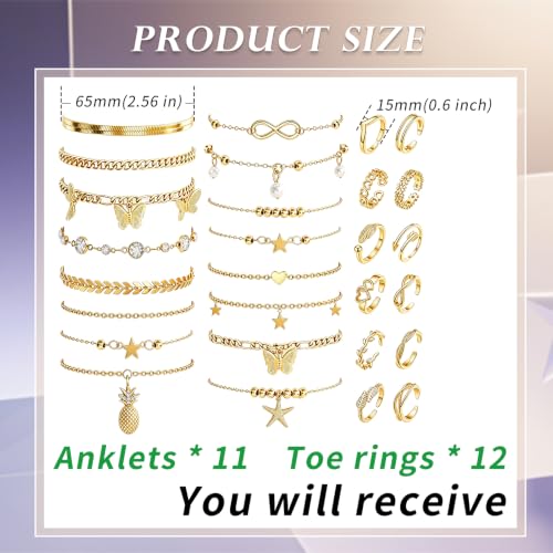 23 Pcs Ankle Bracelet and Toe Ring Set for Women Silver Gold Layered Anklets Foot Chains Adjustable Open Toe Rings Summer Foot Jewelry - style: 23G