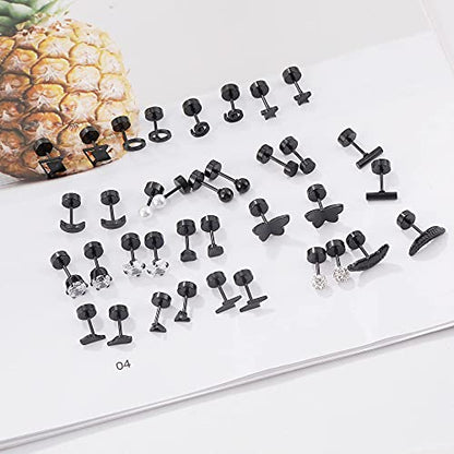 MJust 18 Pairs Earrings Set – Flat Back Stud Hypoallergenic 20G Steel stud | 18 Pairs Flat Back Earrings Set – Hypoallergenic 316L Steel Studs for Cartilage & Lobe Piercings - color: Black