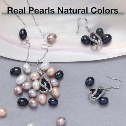 Pearl Jewelry Set For Women S925 Sterling Silver/14K Gold Plated Necklace & Earrings Set Freshwater Pearl Pendant Cage Set for Wedding Anniversary Prom Birthday Gift - color: Silvery-Black
