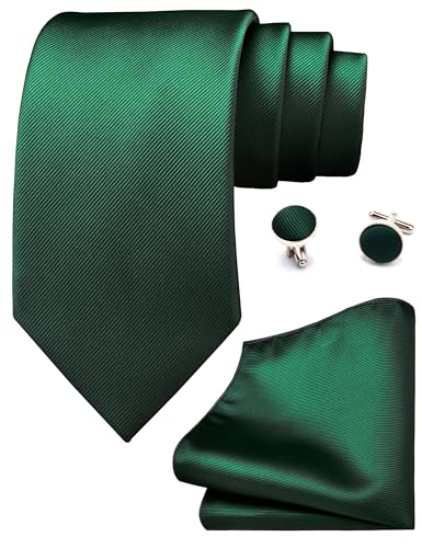 GUSLESON 3.15"（8cm） Solid Color Necktie and Pocket Square Cufflinks Sets For Men + Gift Box - color: Dark Green
