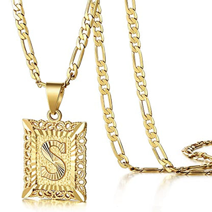 KissYan Initial Letter Pendant Necklace for Men Women, 14K Gold Plated Square Capital Monogram Necklace Alphabets from A-Z Figaro Chain Jewelry | 14K Gold Filled/White Gold Plated, Square Letter Capital Monogram Pendant with 20''+2'' Figaro Chain, Alphabe