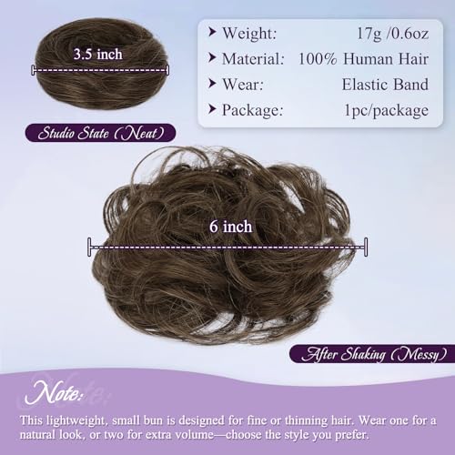 RUWISS 100% Human Hair Bun Small Messy Bun Hair Piece, One Hairpiece Two Styles Mini Natural Looking Scrunchies Updo for Daily, Hair Buns for Thin & Fine Hair Women Ponytail Extension (Brown) - color: 3# Brown