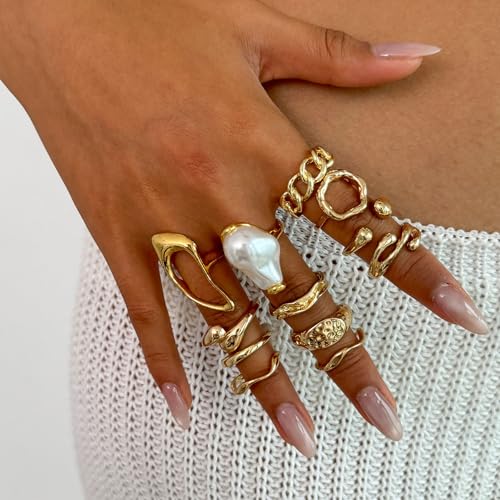 Gold Rings for Women Non Tarnish Stackable Rhinestone Moon Star Rings Dainty Stacking Pearl Butterfly Midi Pinky Thumb Joint Finger Knuckle Ring Set Gold Non Tarnish Jewelry Gifts Trendy Stuff - color: U Chunky Gold Rings 12Pcs