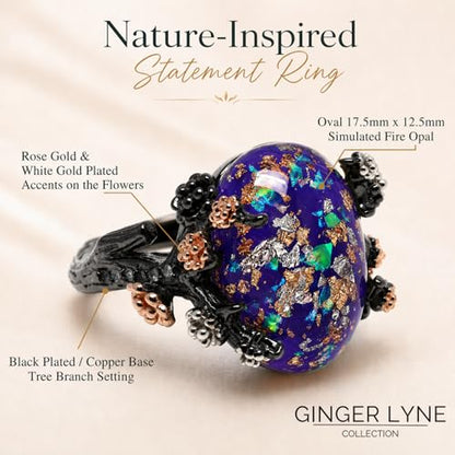 Henrietta Gothic Opal Ring for Women, Fantasy Promise Ring by Ginger Lyne | Simulated White Fire Opal, Cubic Zirconia Black Rose Gold Plated Bold Jewelry Statement Piece For Engagements, Gifts & Events - color: Purple-Gold