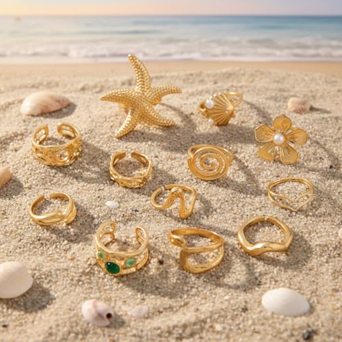 Chunky Gold Rings for Women Non Tarnish, Baroque Pearl Flower Tiger's Eye Stone Rings Adjustable Stacking Statement Rings Set Fashion Jewelry Gifts - style: Starfish/Flower/Shell