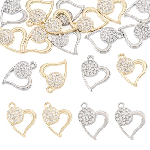 Elecrelive Crystal Heart Charms Rhinestone Heart Pendants Valentine Charms for Necklace Bracelet Earring Wedding Jewelry - color: Platinum, Golden