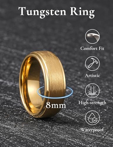 King Will Classic Tungsten Carbide Ring Brushed Two Grooved Center Hammered Design Mens Wedding Band for Men | Black/Silver/Gold, 8mm, Men's Wedding Band, Grooved, Comfort Fit, Everyday Wear - color: C-Gold 8mm