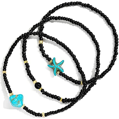 Boho Shell Anklets for Women, 3-Pack Layered Waterproof Ankle Bracelet, Seashell & Starfish Bead Foot Jewelry for Summer Beach Outfits - color: Starfish Black
