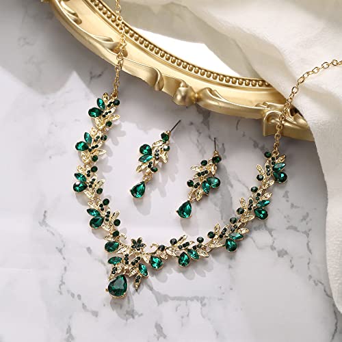 Women's Wedding Jewelry Set Leaf Flower for Bridal Prom Party | Stunning Crystal Teardrop Marquise Cluster Pendant Necklace Dangle Earrings Set for Bride Bridesmaid - color: 01-Emerald Color