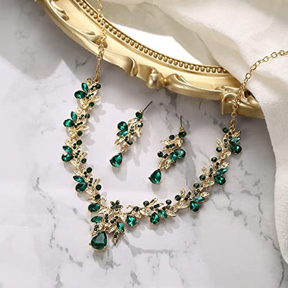 Women's Wedding Jewelry Set Leaf Flower for Bridal Prom Party | Stunning Crystal Teardrop Marquise Cluster Pendant Necklace Dangle Earrings Set for Bride Bridesmaid - color: 01-Emerald Color
